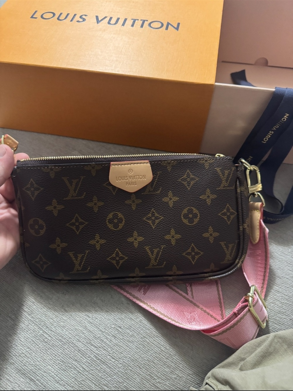 Louis Vuitton Brown Monogram Crossbody Pochette with Pink Strap